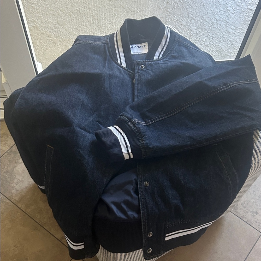 Old Navy Women’s Dark Navy Bomber Jacket with White Stripe Trim